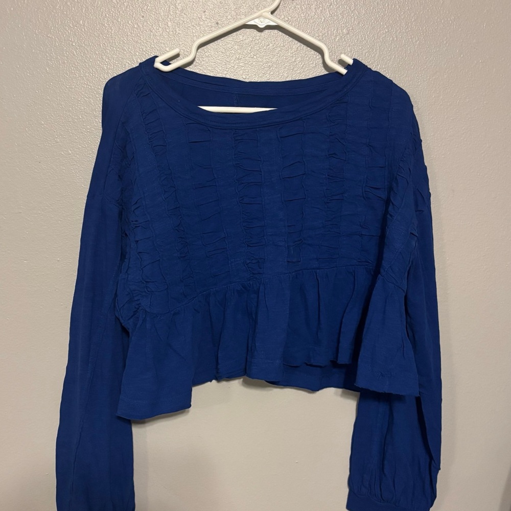 Pilcro by Anthropologie Blue Textured Babydoll Cropped Top - Medium - Picture 3 of 6